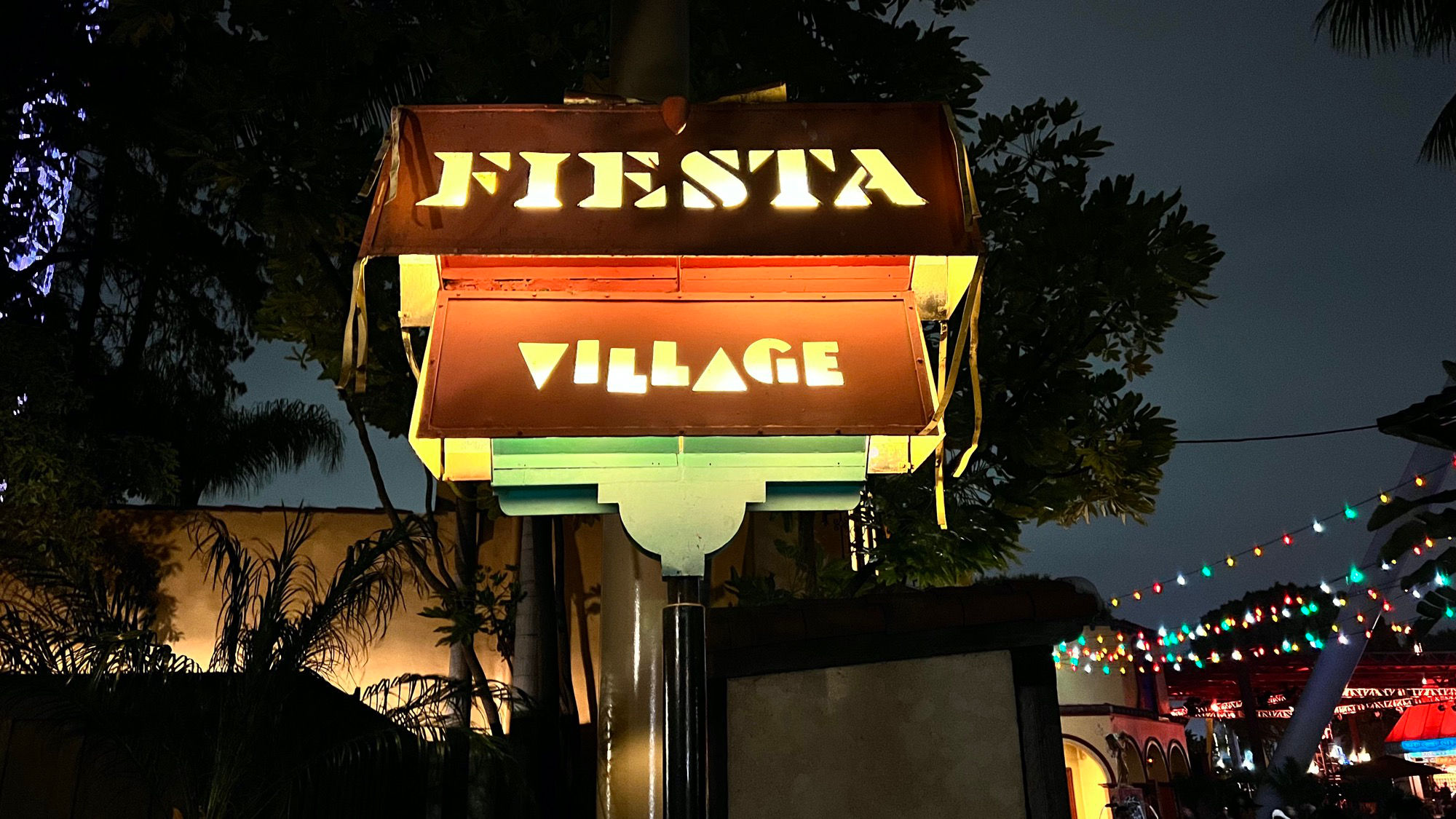 Knott's Berry Farm Fiesta Village Sign at Night