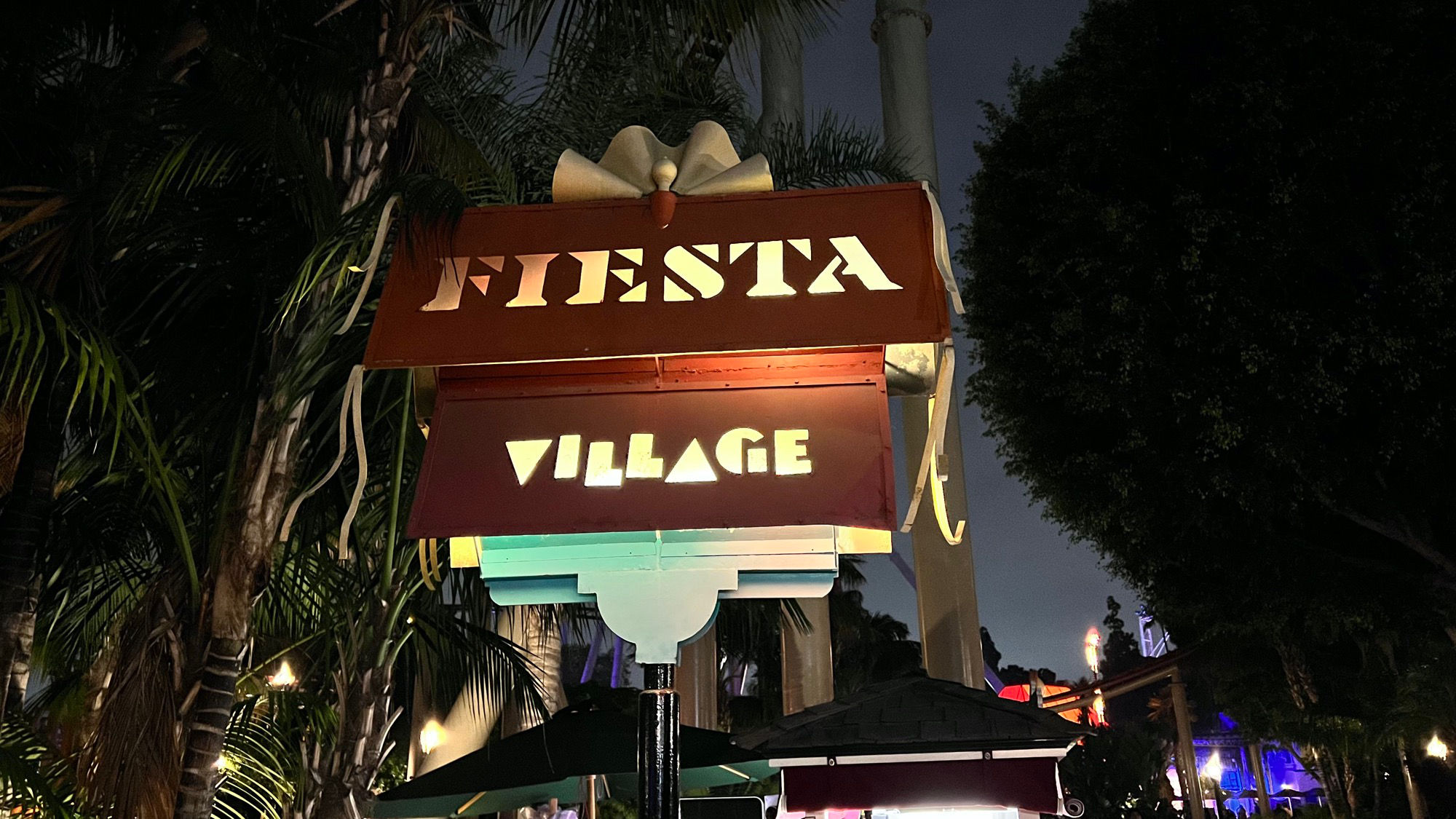 Knott's Berry Farm Fiesta Village Sign at Night