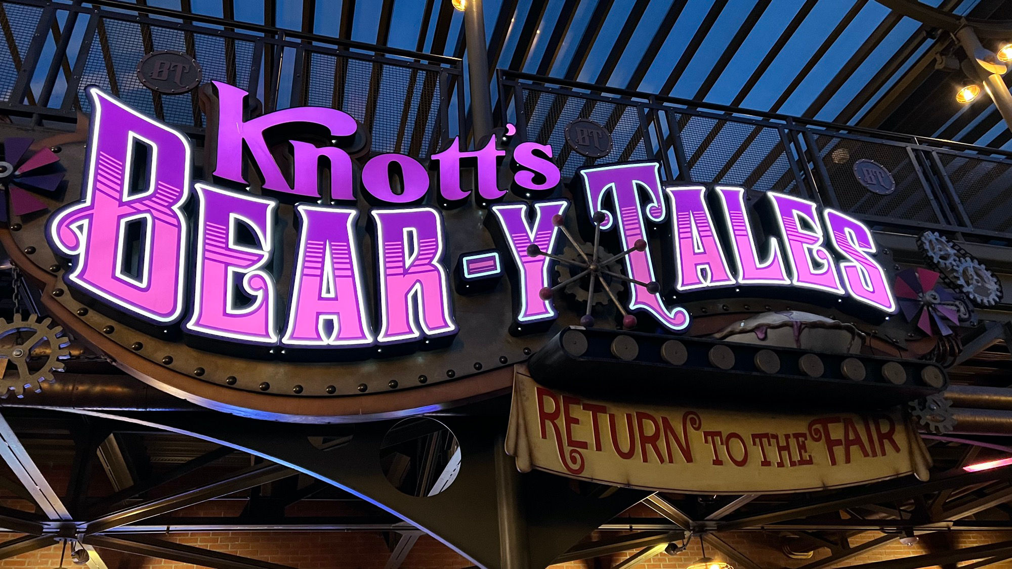 Knott's Bear-y Tales Sign at Night